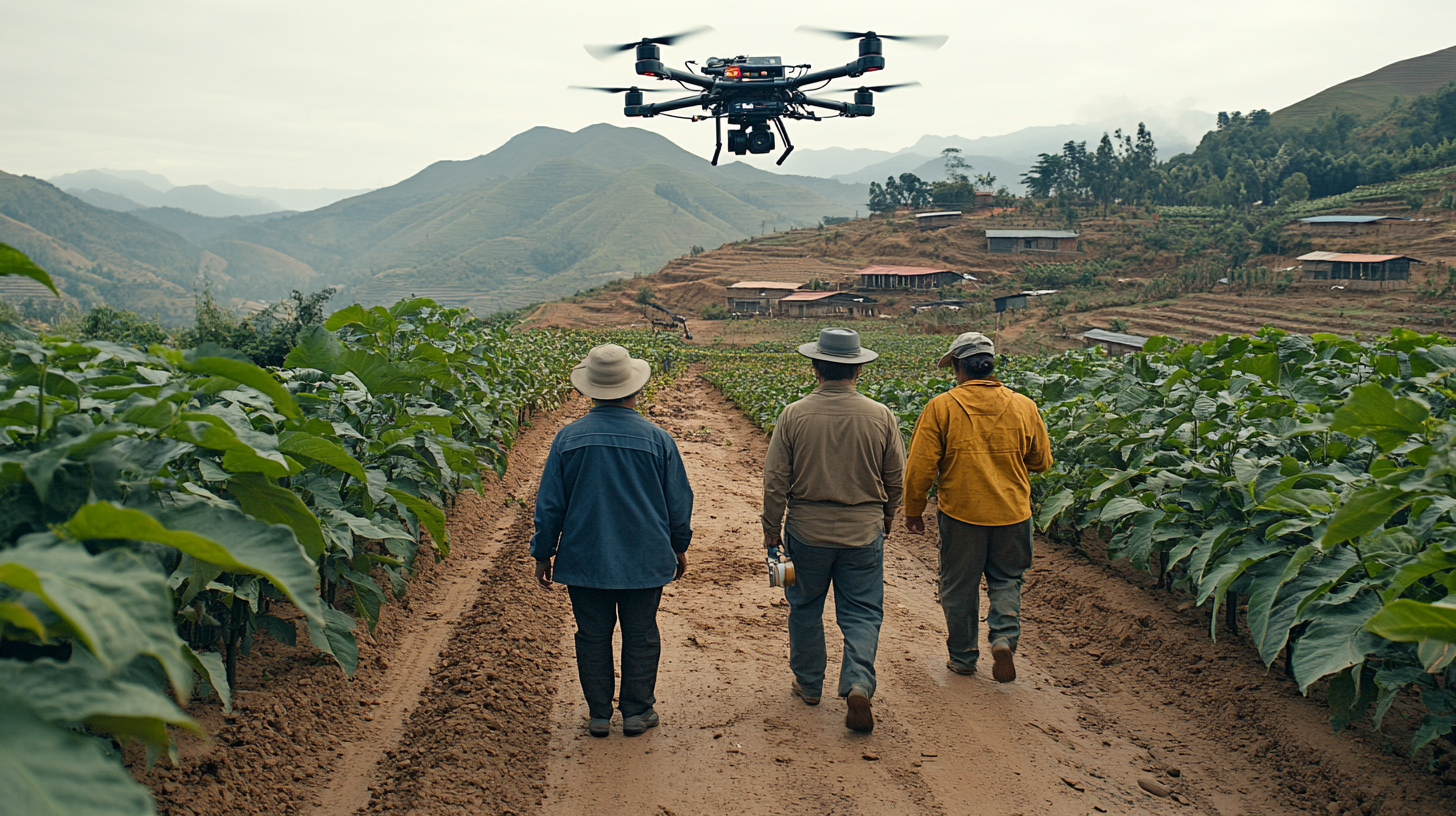 AI-powered drone surveying crop fields for precision agriculture